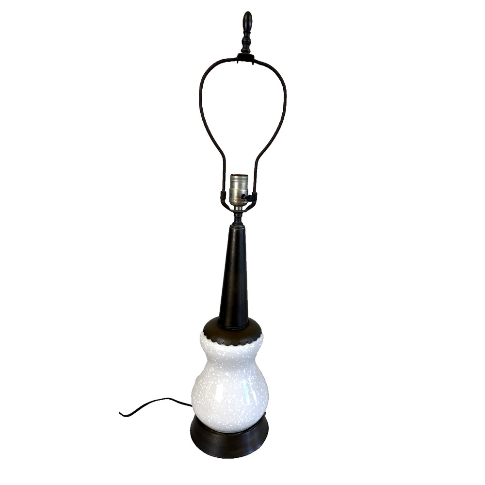 Vintage White Spatter Art Glass Table Lamp w/ Metal Base 31” Tall
